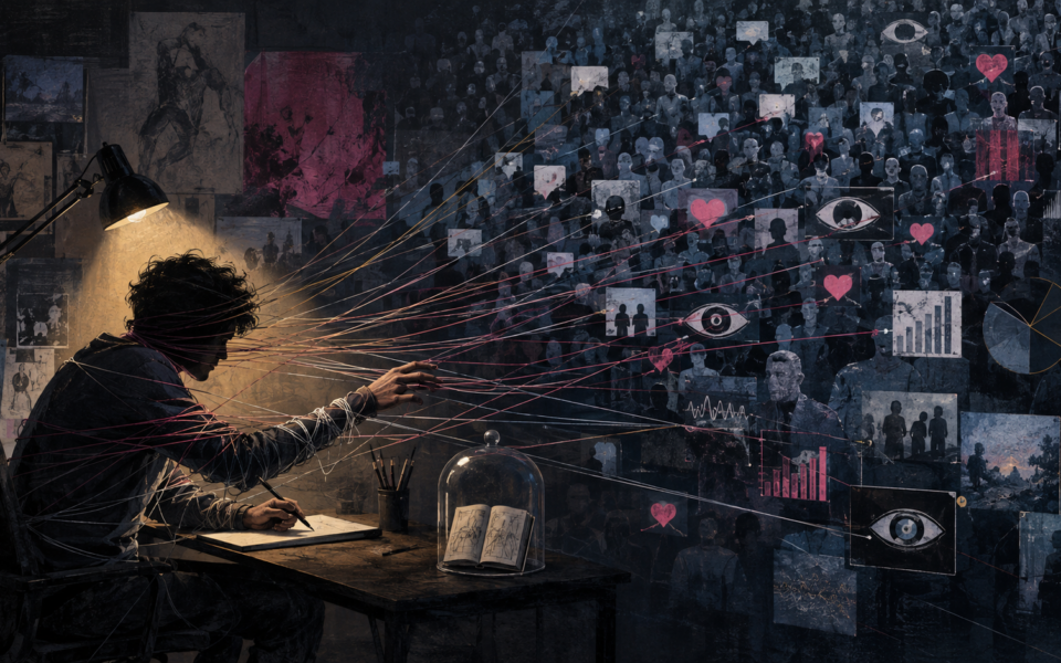 Un creator è trattenuto da fili che lo collegano a reazioni, metriche e aspettative di un vasto pubblico