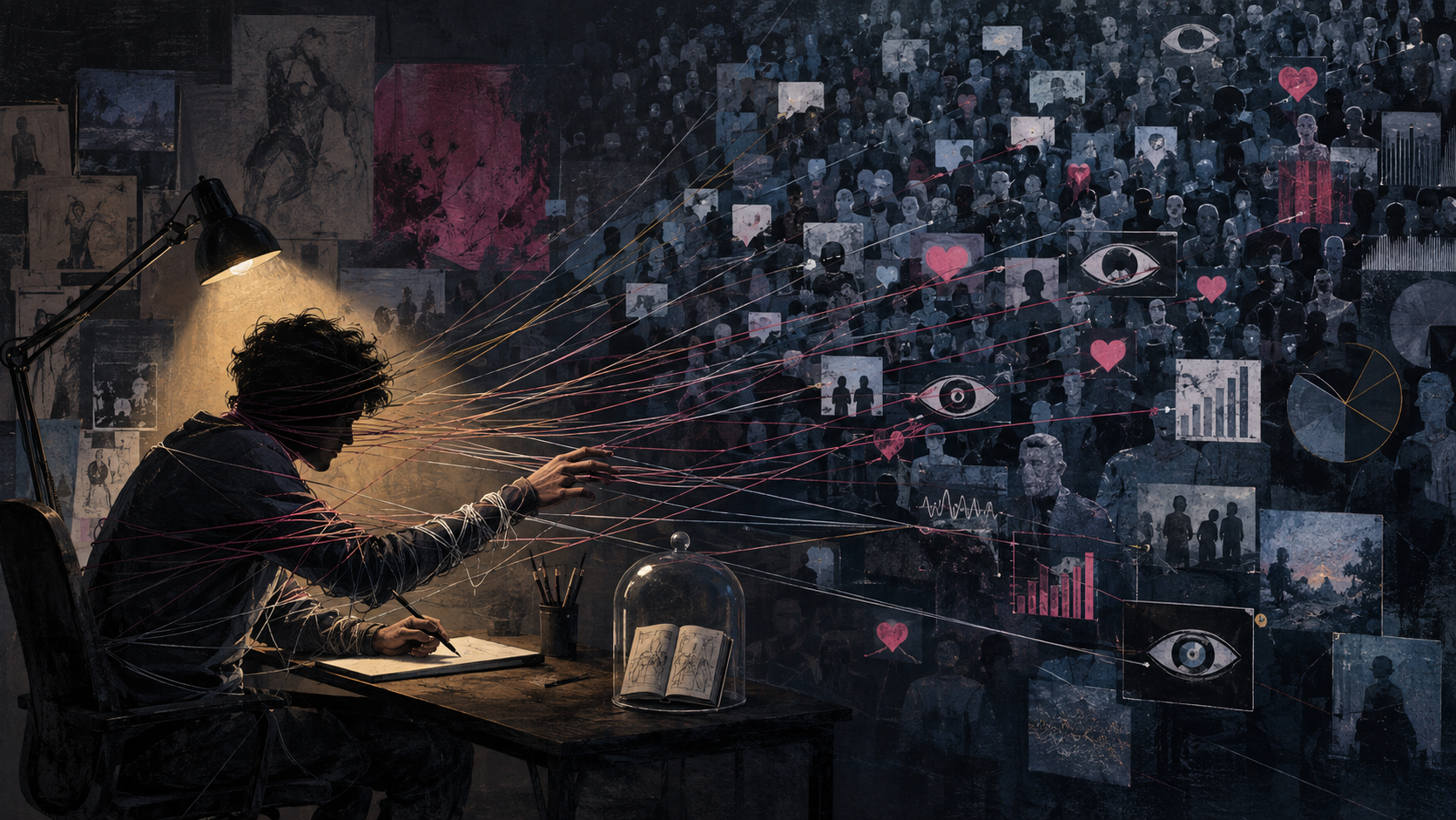 Un creator è trattenuto da fili che lo collegano a reazioni, metriche e aspettative di un vasto pubblico