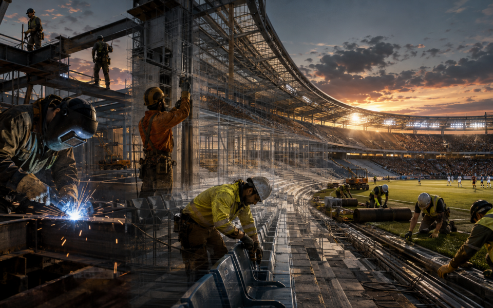 Operai, saldatori e tecnici costruiscono uno stadio mentre la partita appare sullo sfondo