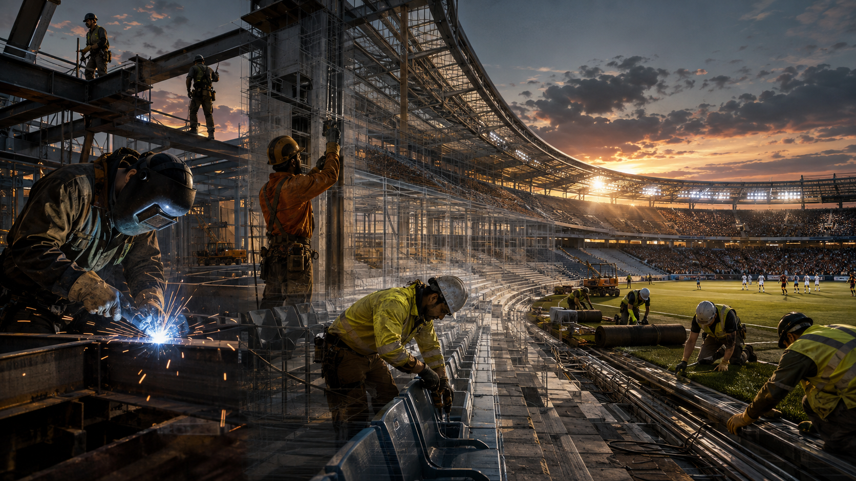 Operai, saldatori e tecnici costruiscono uno stadio mentre la partita appare sullo sfondo