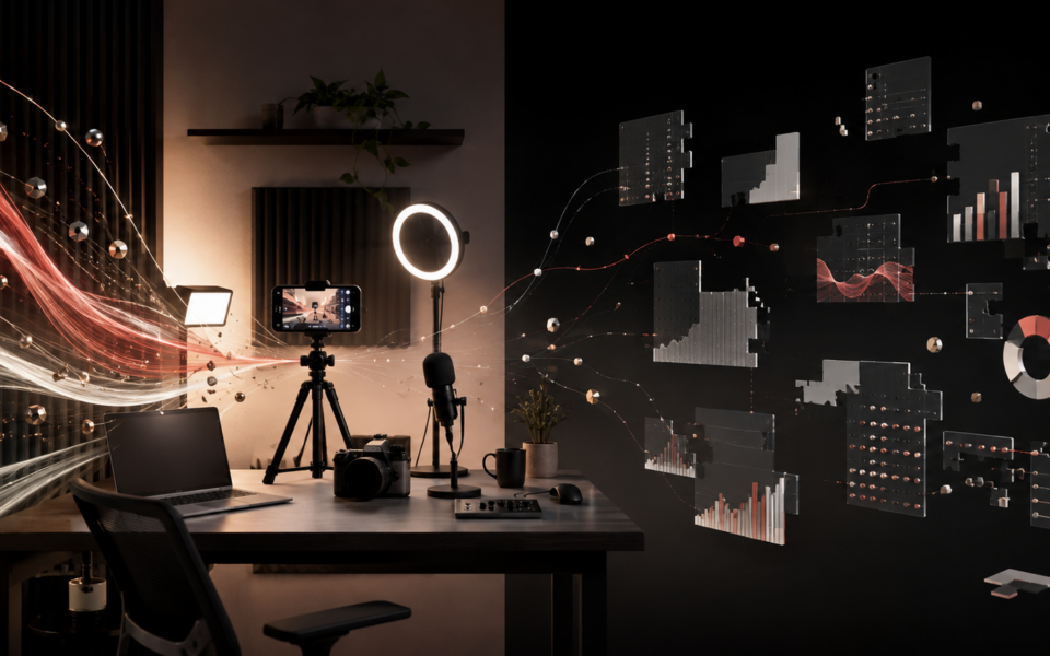 Studio per creator attraversato da flussi di investimento e affiancato da pannelli di misurazione frammentati