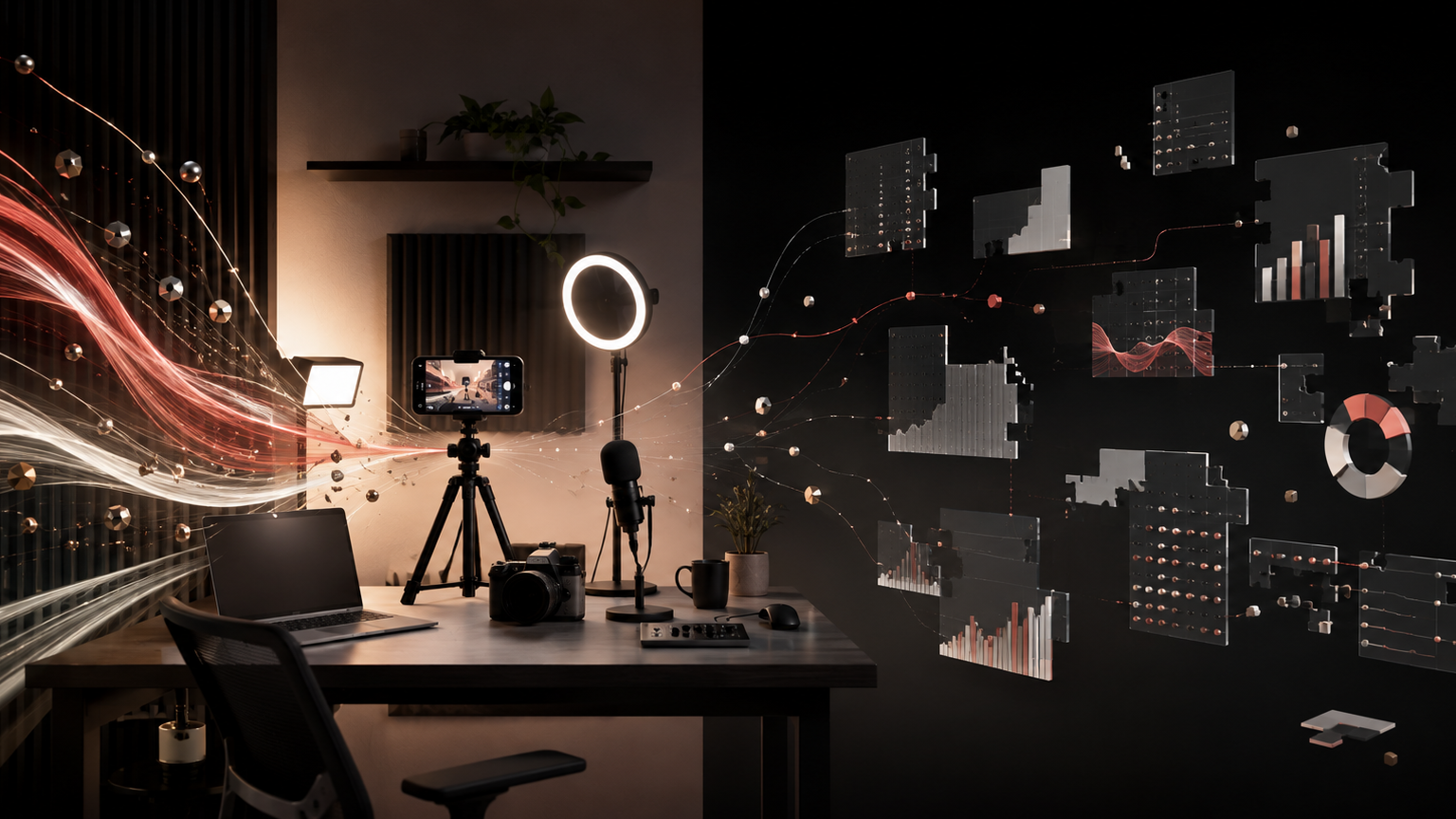 Studio per creator attraversato da flussi di investimento e affiancato da pannelli di misurazione frammentati