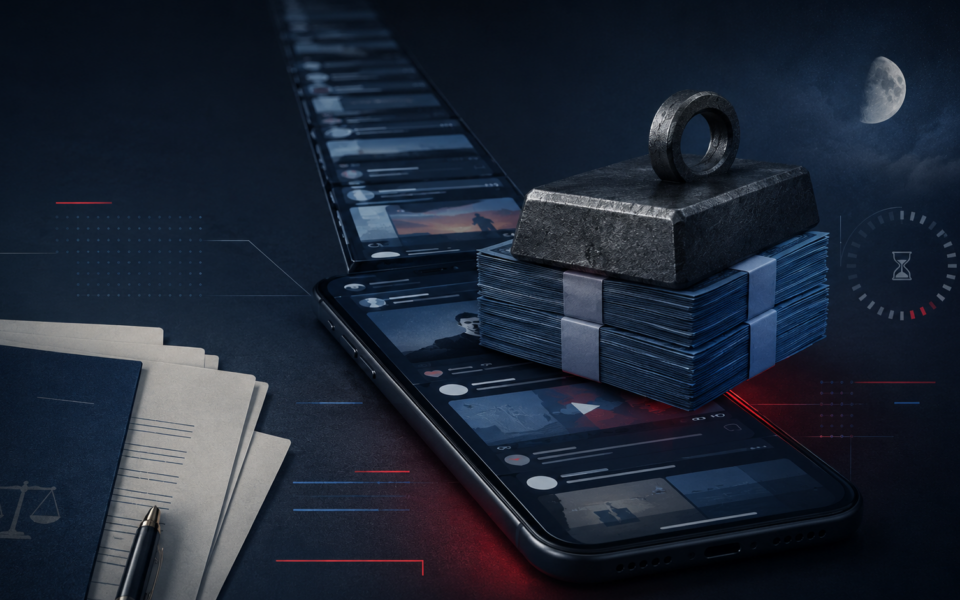 Un peso economico sopra un feed algoritmico su smartphone, con riferimenti a limiti di tempo e sicurezza notturna