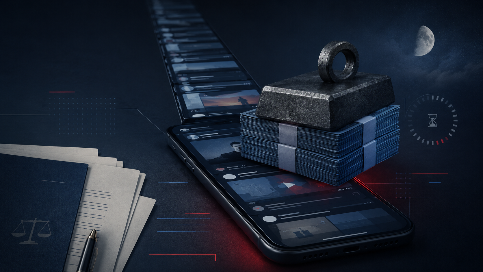 Un peso economico sopra un feed algoritmico su smartphone, con riferimenti a limiti di tempo e sicurezza notturna