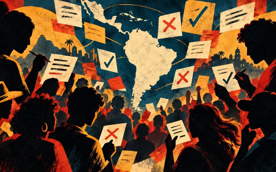 Una mappa astratta dell’America Latina collegata a schede di contesto scritte e valutate da comunità diverse