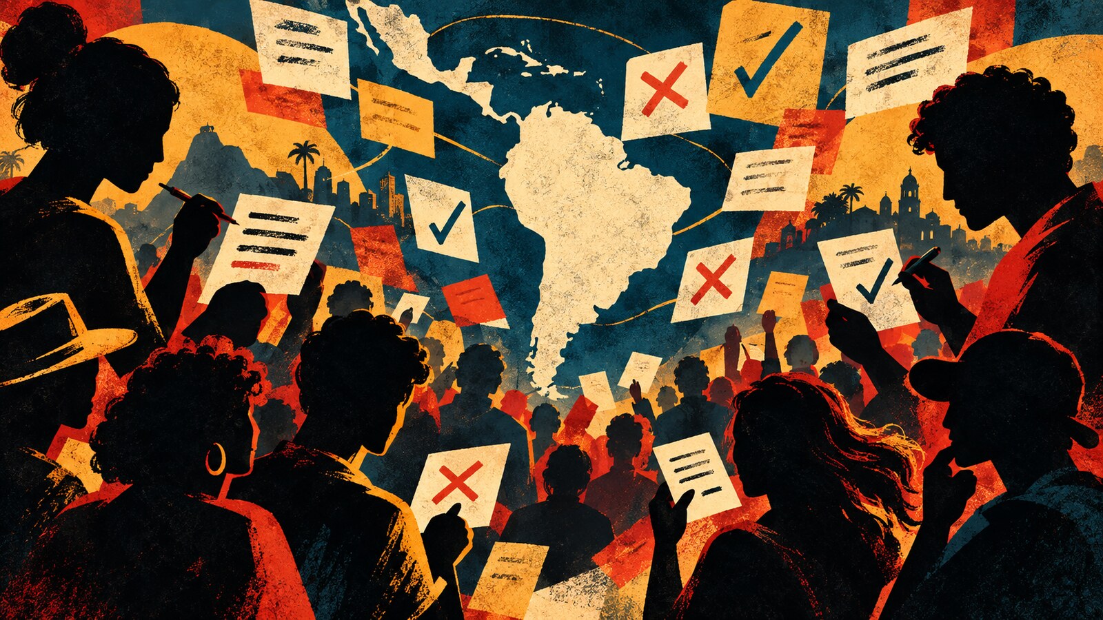 Una mappa astratta dell’America Latina collegata a schede di contesto scritte e valutate da comunità diverse
