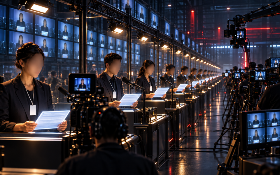 Una serie di interpreti legge script davanti alle telecamere per profili politici costruiti in modo industriale
