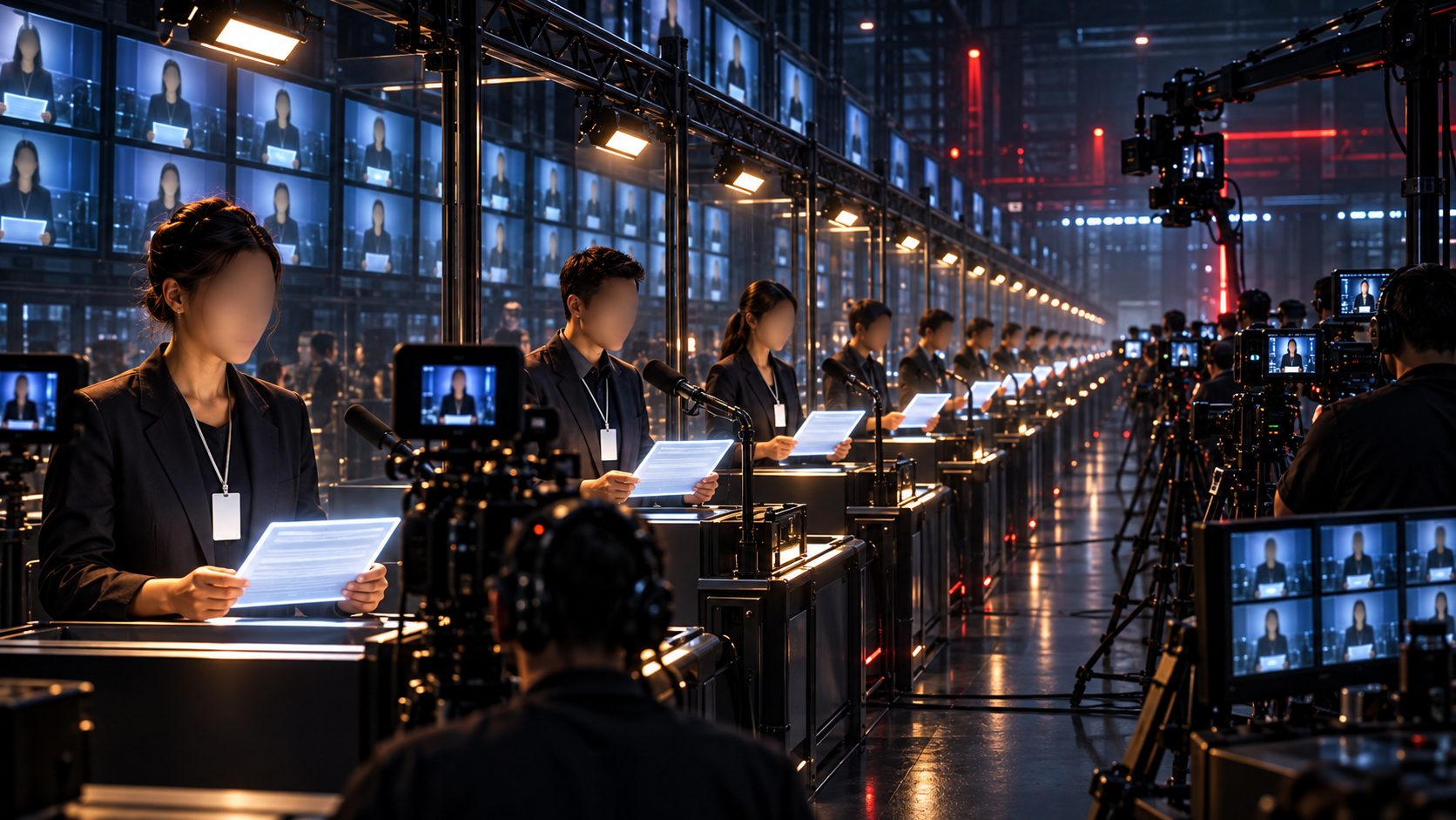 Una serie di interpreti legge script davanti alle telecamere per profili politici costruiti in modo industriale