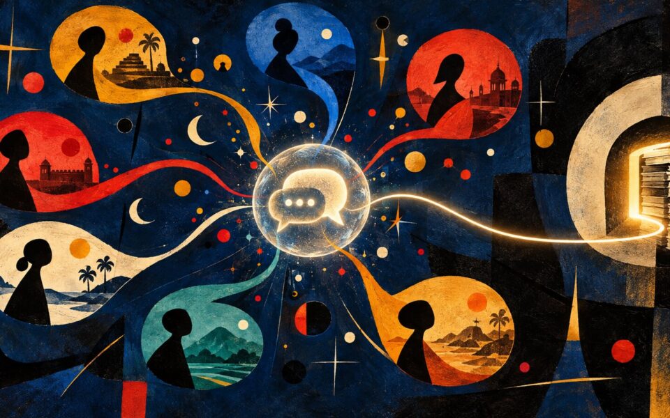 Sette flussi tipografici in alfabeti diversi convergono verso una finestra conversazionale con la fonte ancora visibile