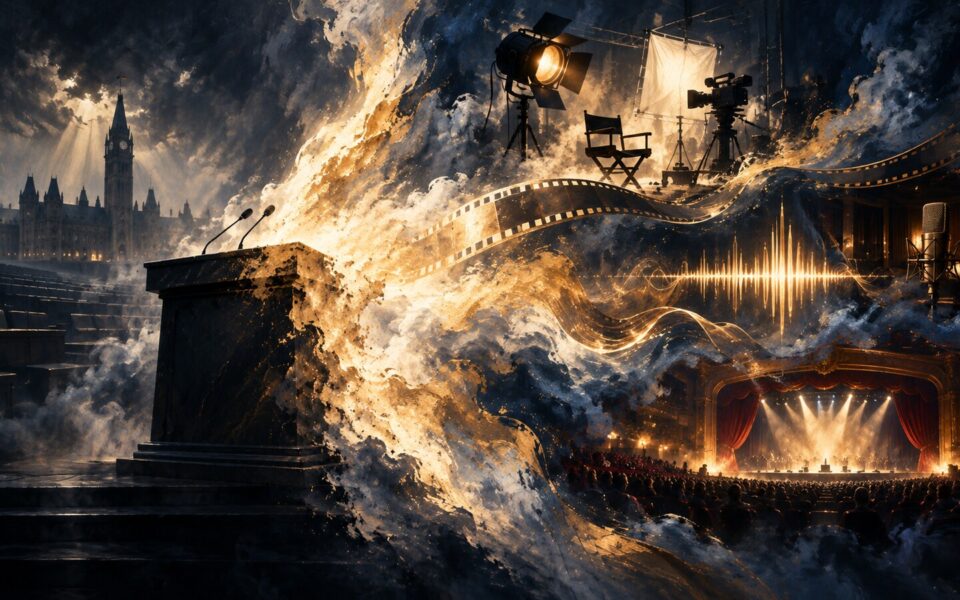 Un podio si trasforma in set cinematografico, onda audio e palco dal vivo dentro una composizione editoriale astratta