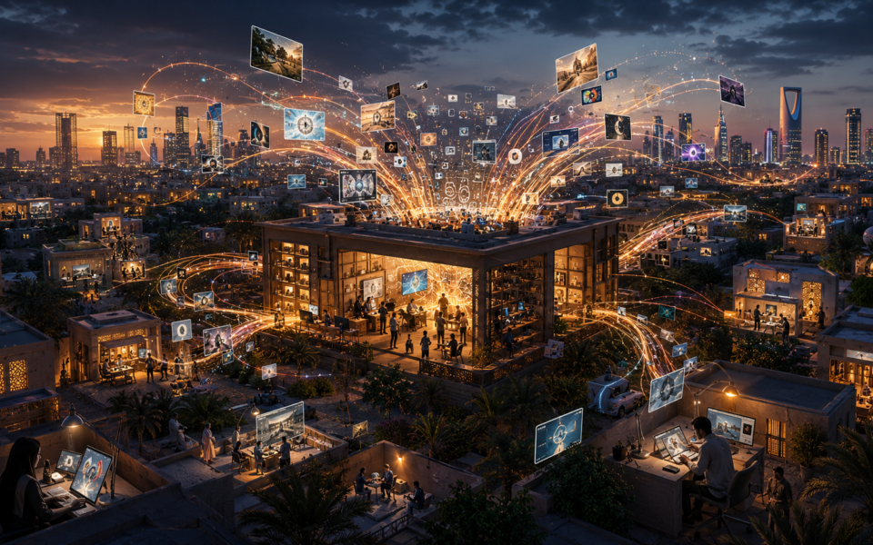 Strumenti creativi digitali distribuiti da un centro verso case e studi in una città saudita
