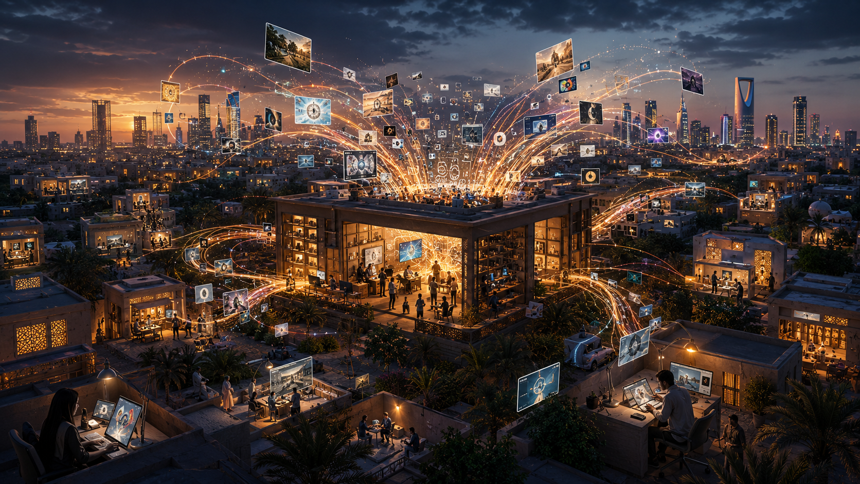Strumenti creativi digitali distribuiti da un centro verso case e studi in una città saudita