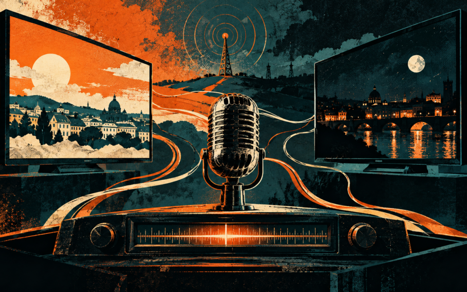 Microfono radiofonico e sintonizzatore fra due schermi televisivi, illustrazione in petrolio e arancio