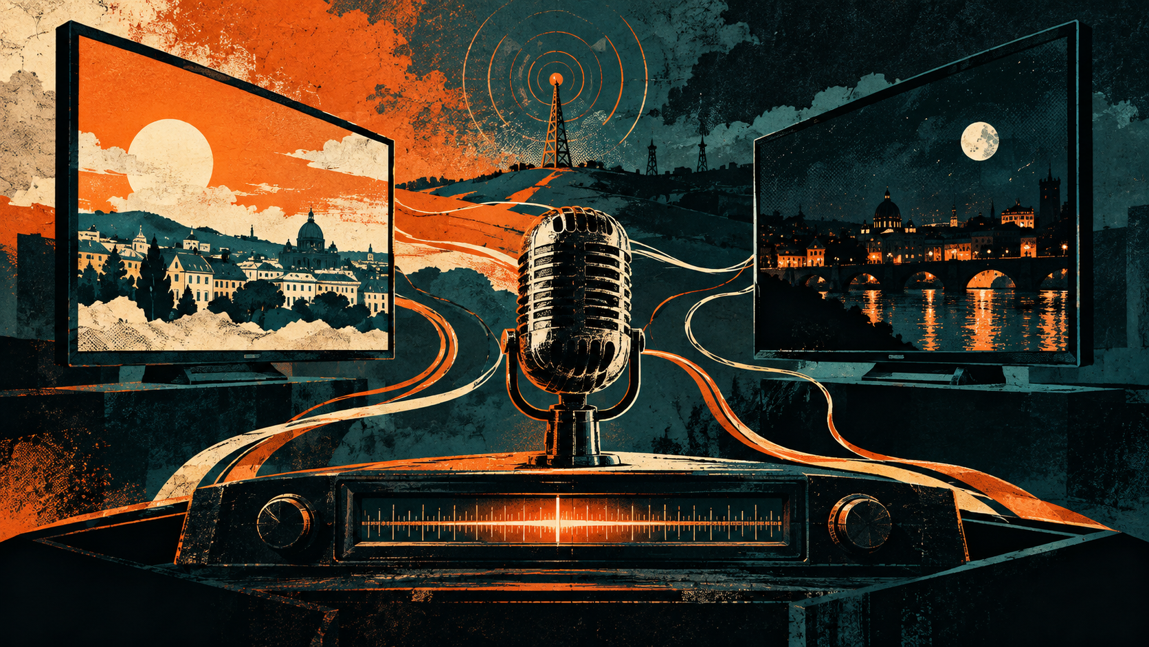 Microfono radiofonico e sintonizzatore fra due schermi televisivi, illustrazione in petrolio e arancio