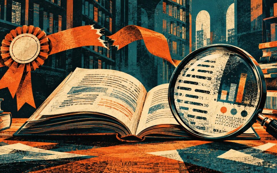 Libro aperto, nastro di premio spezzato e lente su indicatori statistici