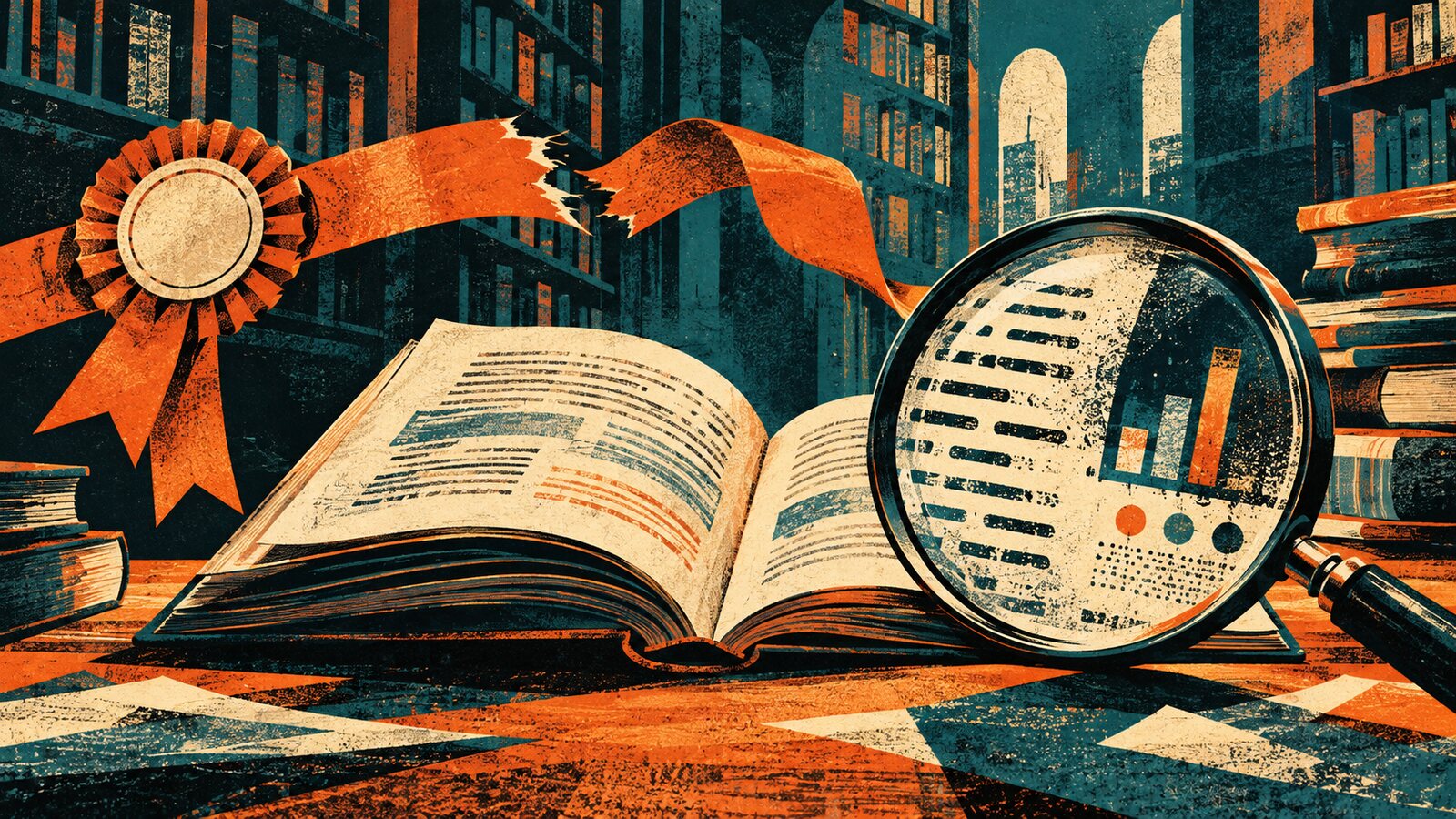 Libro aperto, nastro di premio spezzato e lente su indicatori statistici