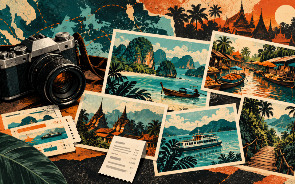 Fotocamera, biglietti e immagini di coste e mercati del Sud-est asiatico in stile serigrafico