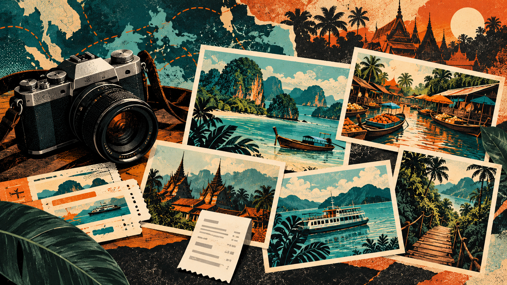 Fotocamera, biglietti e immagini di coste e mercati del Sud-est asiatico in stile serigrafico