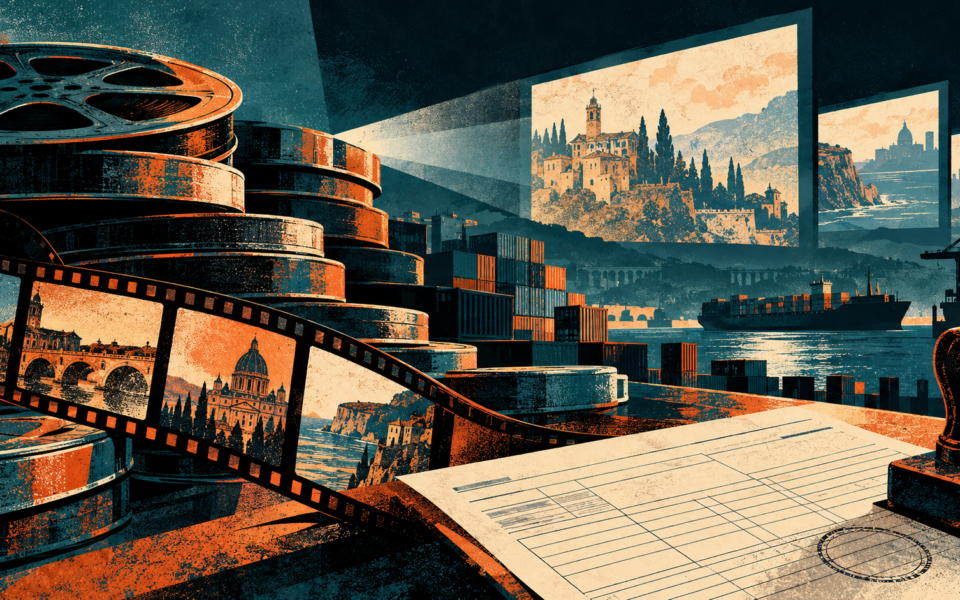 Bobine cinematografiche, schermi e documenti commerciali in un porto, illustrazione petrolio e arancio