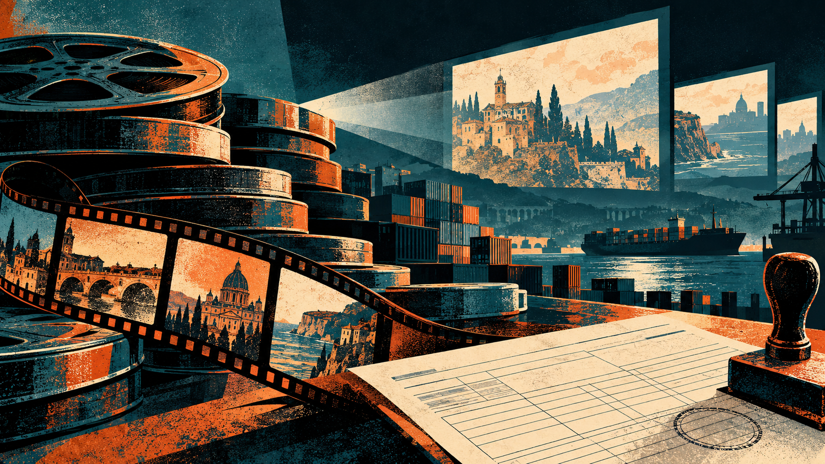 Bobine cinematografiche, schermi e documenti commerciali in un porto, illustrazione petrolio e arancio