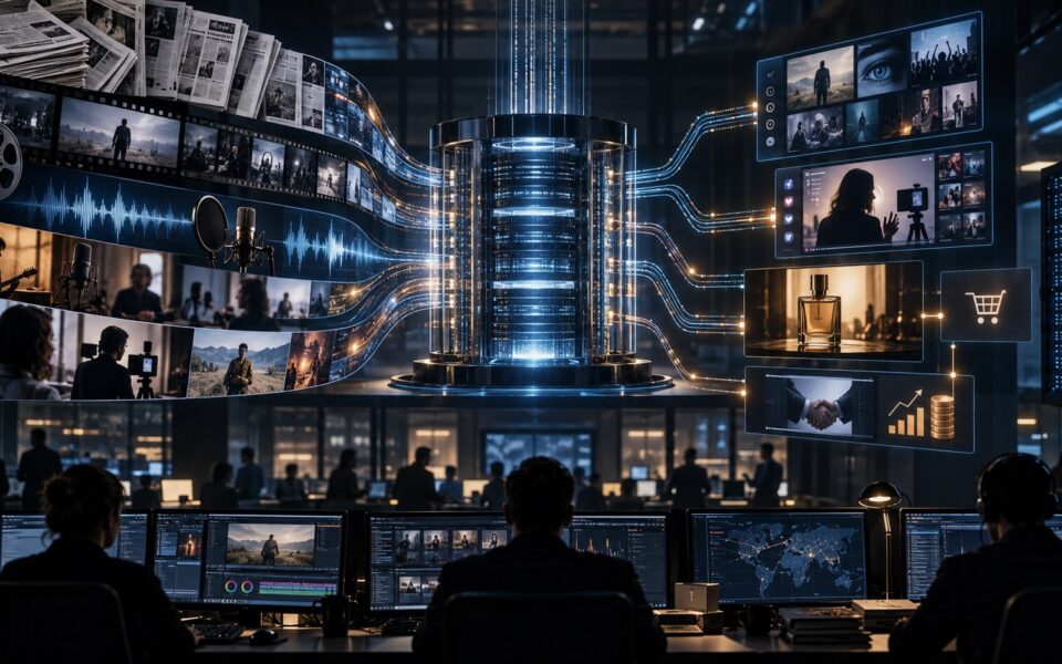 Flussi di articoli, video, audio e dati convergono in un’infrastruttura digitale dentro una redazione contemporanea