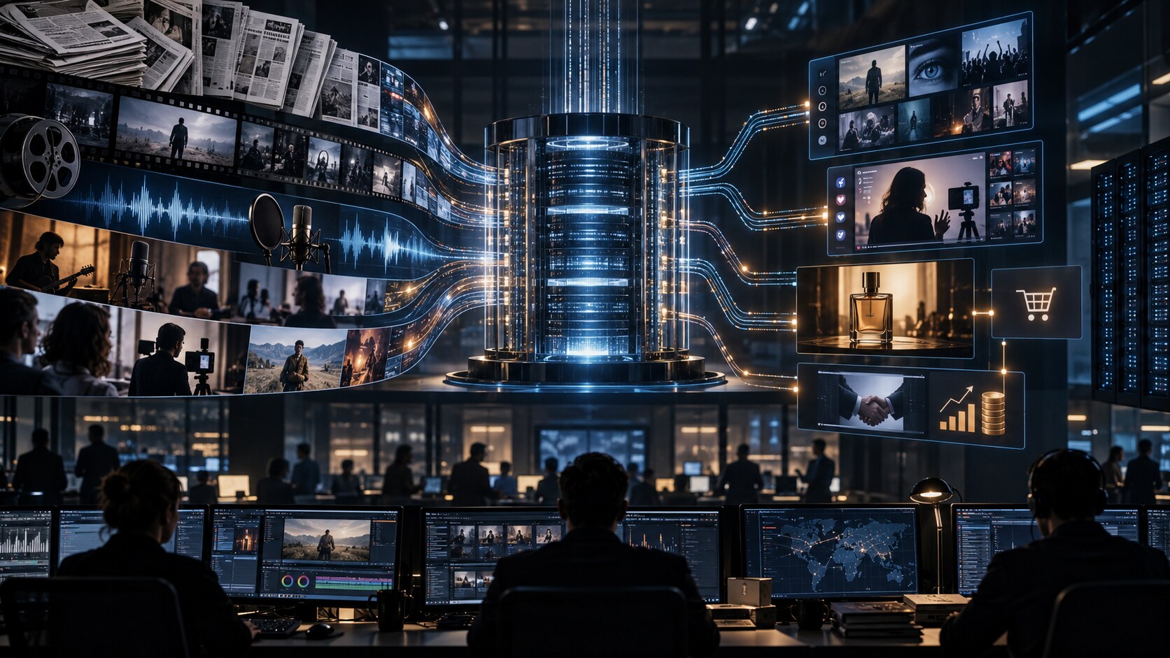 Flussi di articoli, video, audio e dati convergono in un’infrastruttura digitale dentro una redazione contemporanea