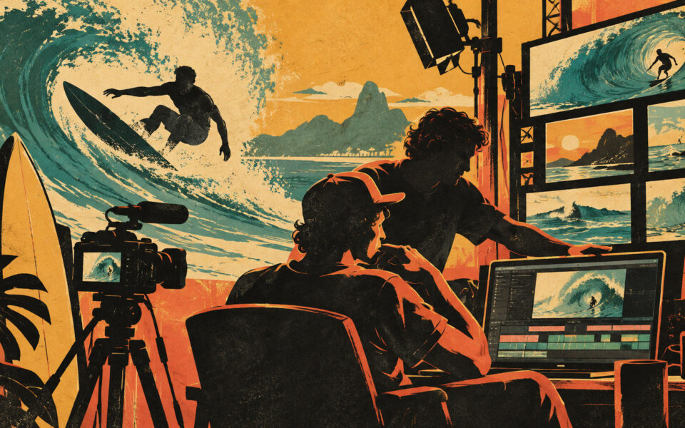 Surfista in silhouette accanto a una telecamera e a schermi di montaggio