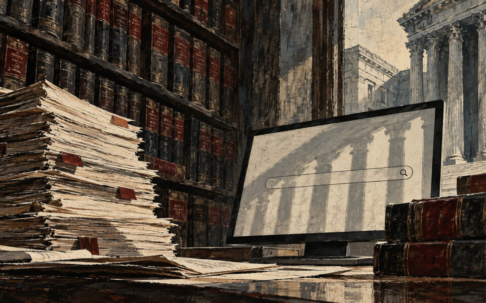 Libri giuridici e fascicoli davanti a uno schermo di ricerca