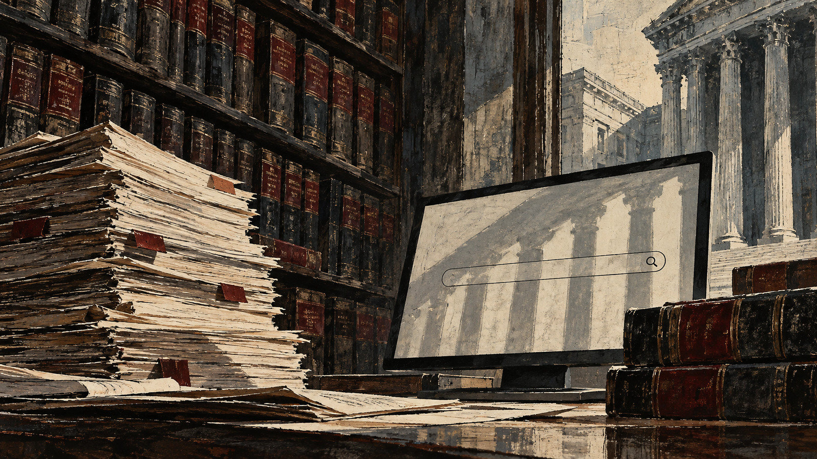 Libri giuridici e fascicoli davanti a uno schermo di ricerca