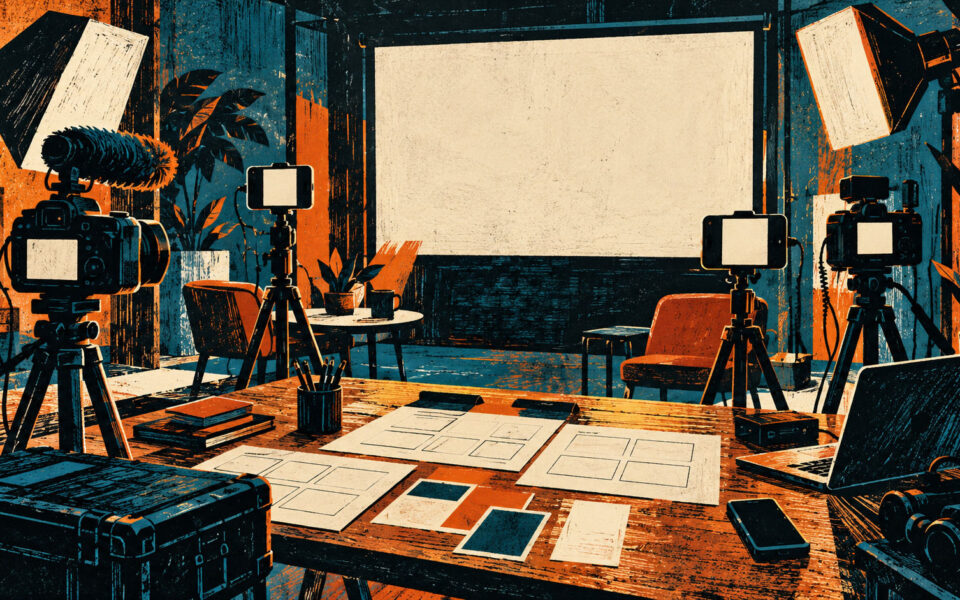 Set cinematografico con figure senza volto, telecamere e schermi