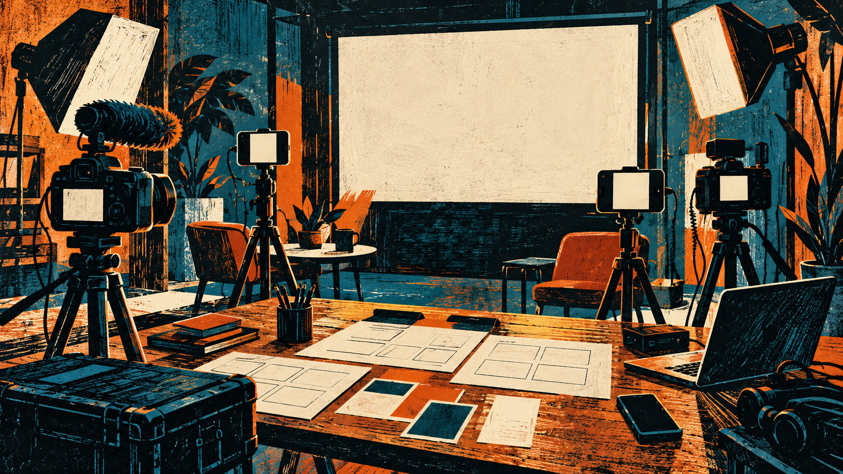 Set cinematografico con figure senza volto, telecamere e schermi