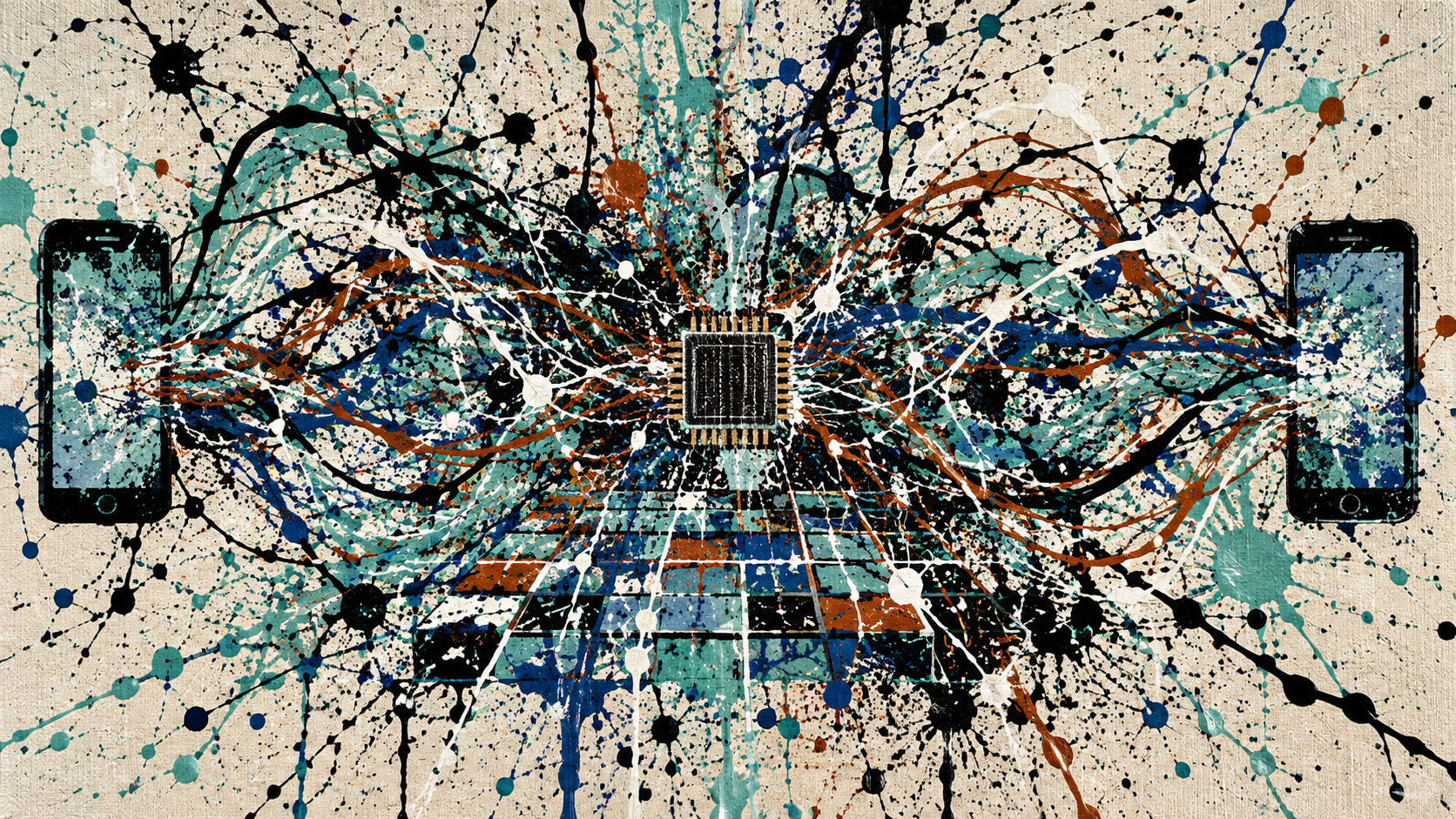Due telefoni connessi a un chip da tracciati colorati e schizzi di vernice
