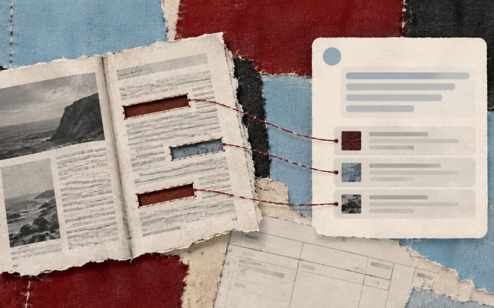 Pagina editoriale collegata con fili a una risposta in una finestra digitale