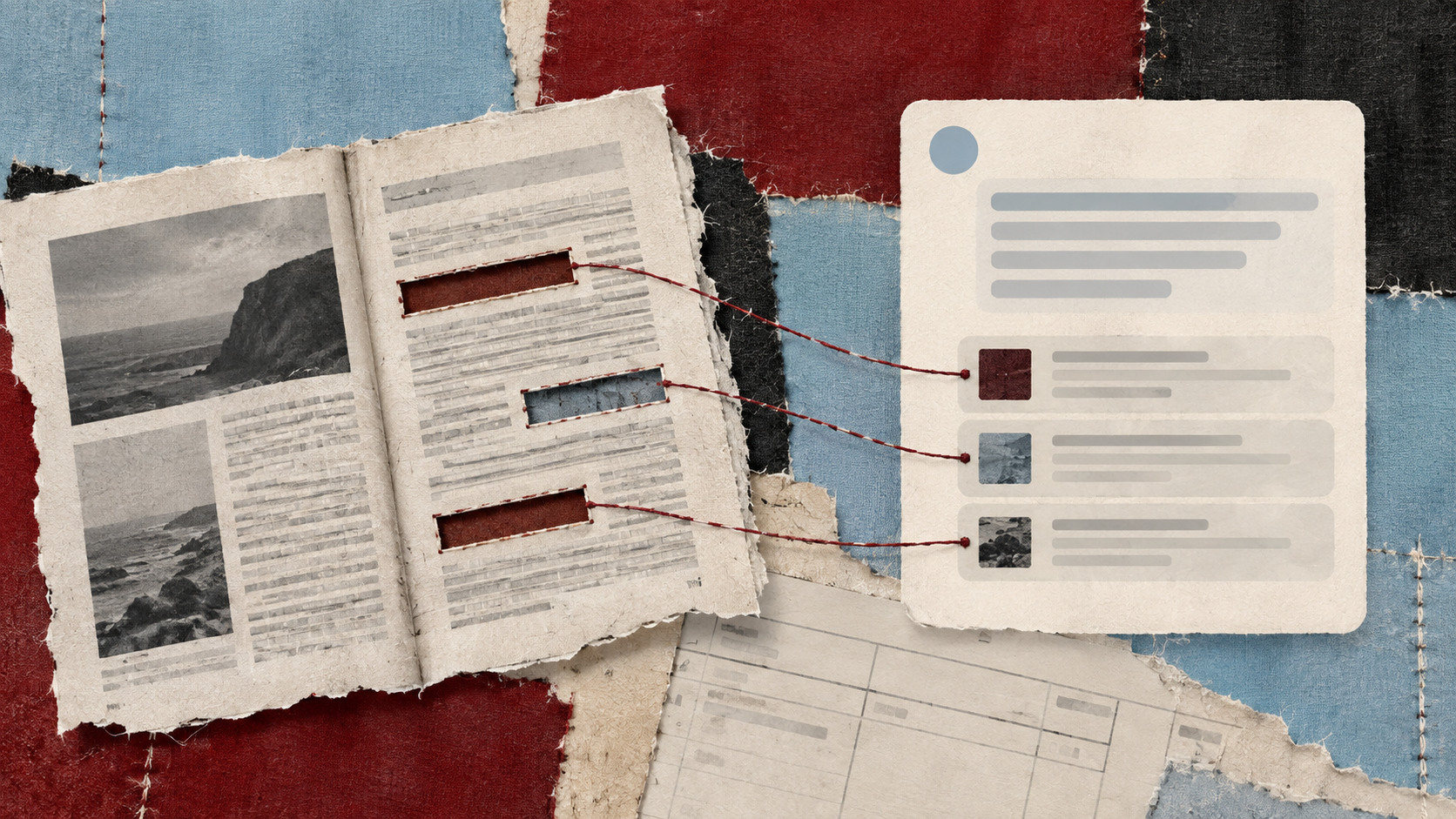Pagina editoriale collegata con fili a una risposta in una finestra digitale