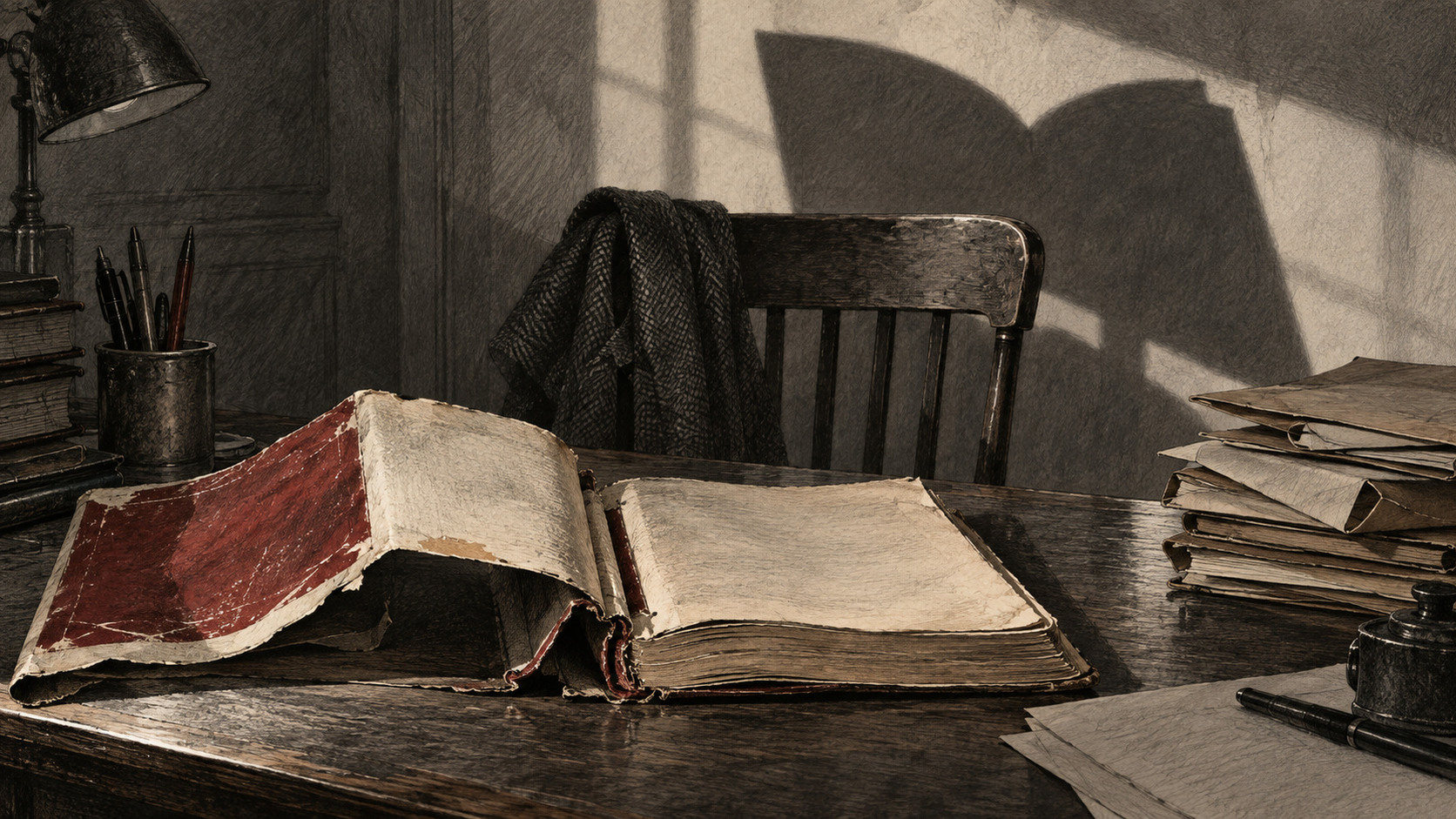 Libro consunto aperto su una scrivania davanti a una sedia vuota