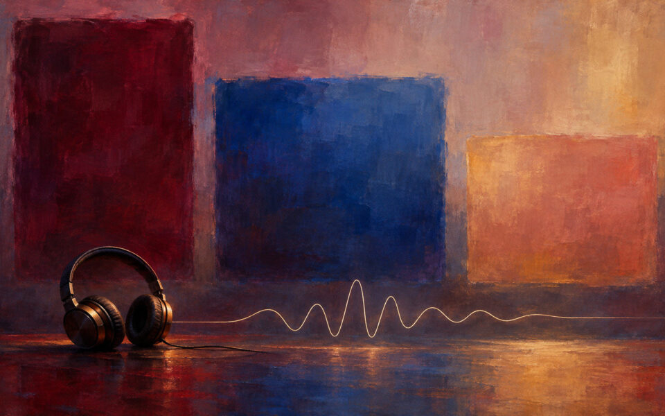 Cuffie davanti a tre grandi campi di colore e a un'onda audio