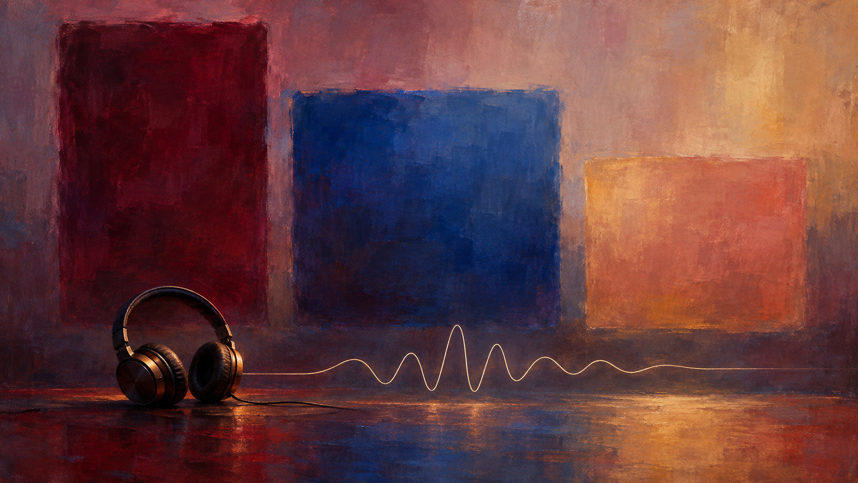 Cuffie davanti a tre grandi campi di colore e a un'onda audio